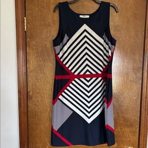 Aa Studio Navy Dress with White Geometric Print and Red Accents